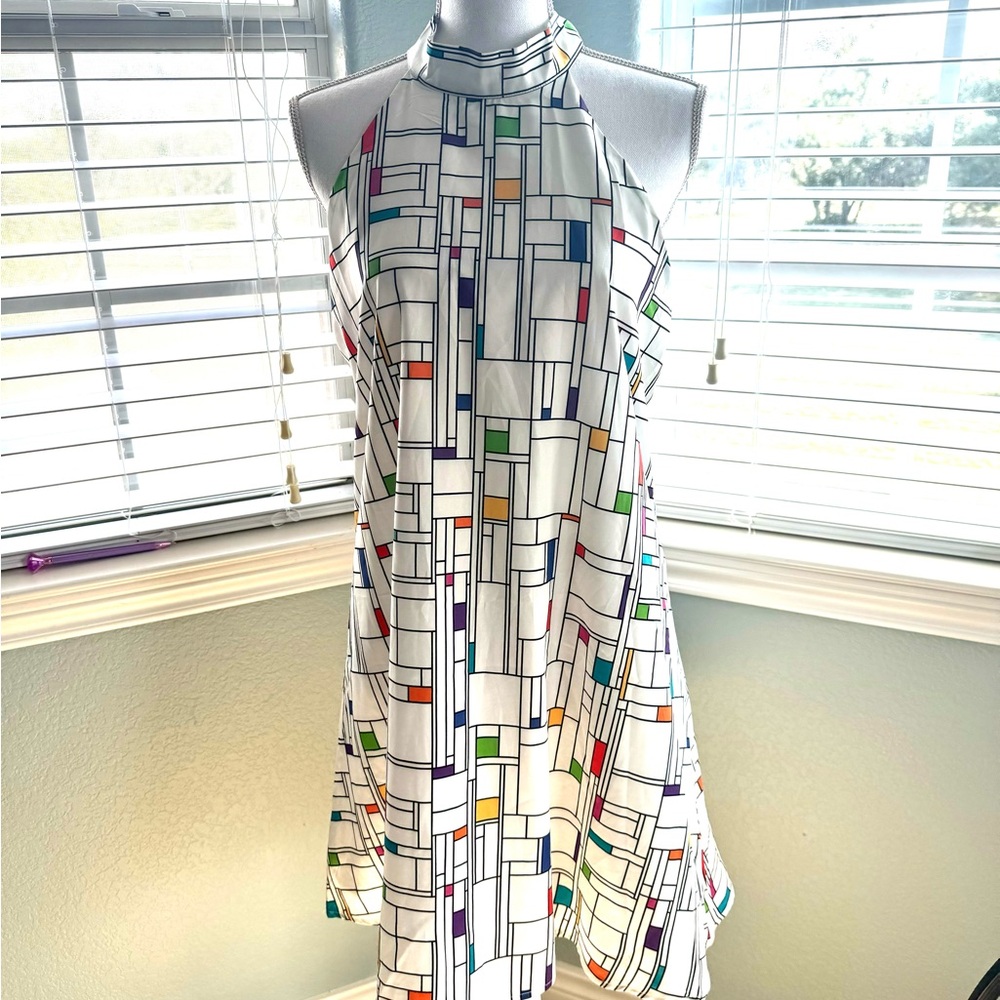 Halter top geometric pattern lined dress, vibrant colors